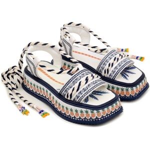 FARM RIO Embroidered Pineapples Ankle Tie Platform Sandals